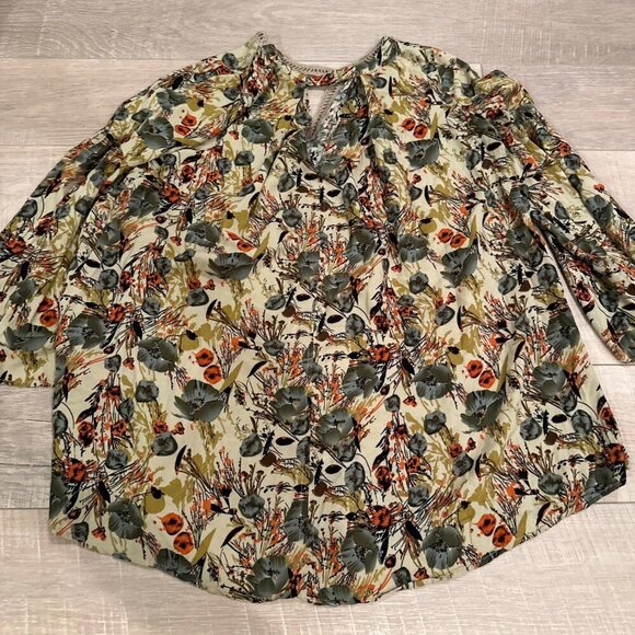 UMGEE WOMENS SMALL BLOUSE TAN MULTICOLOR 3/4 SLEEVE - Picture 8 of 9